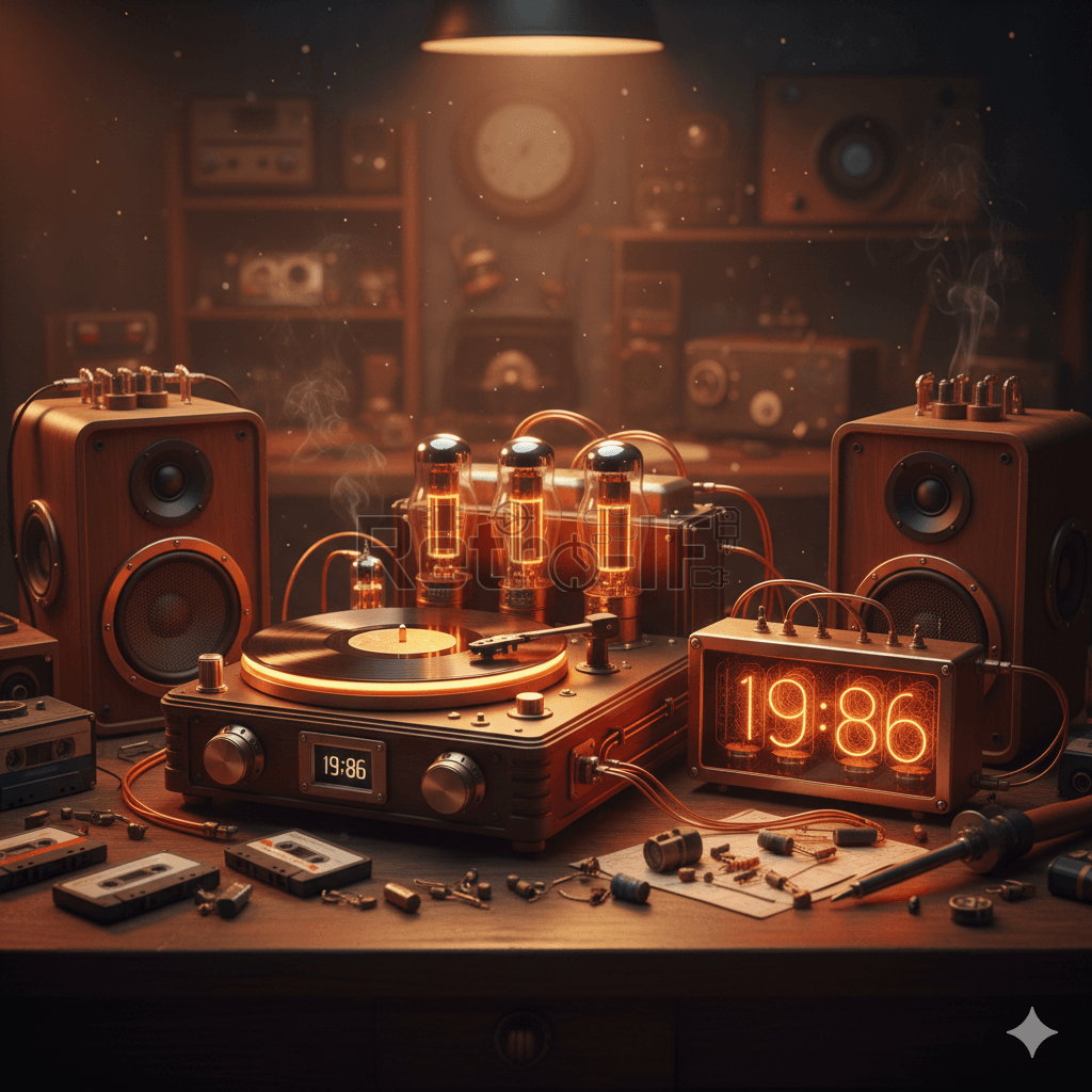 Вініловий програвач, лампи Nixie, та радіодеталі СРСР, індикаторні лампи, ламповий підсилювач, аудіокасети, колонки